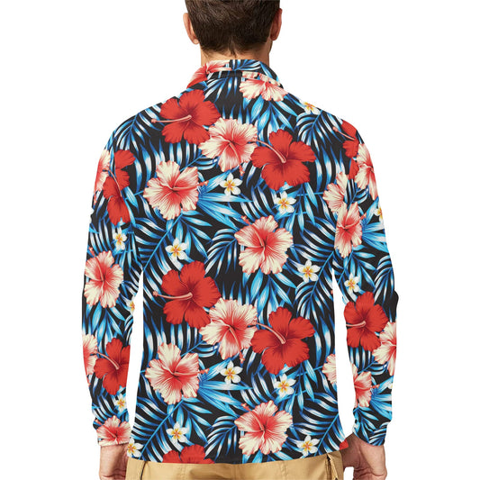 Red Hibiscus Blue Scene Long Sleeve Polo Shirt For Men's