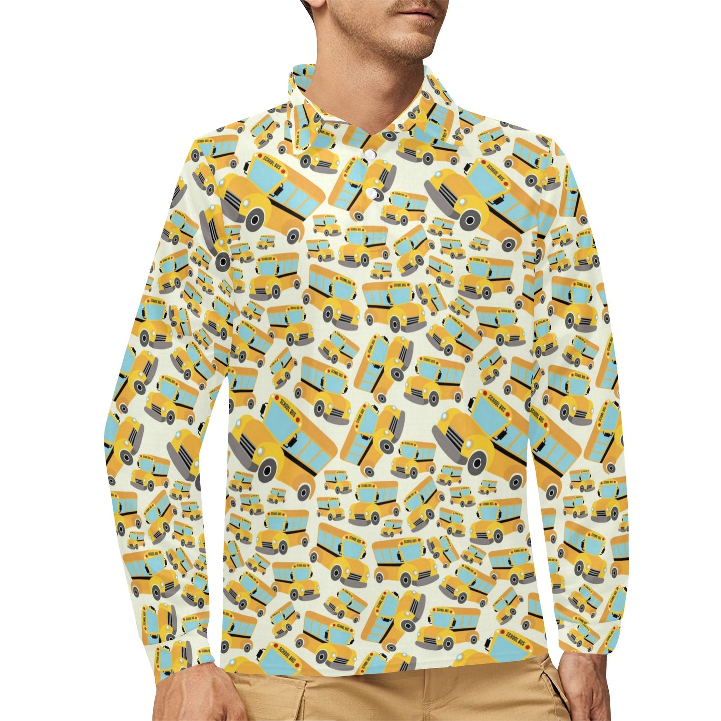 School Bus Print Design LKS301 Long Sleeve Polo Shirt For Men's