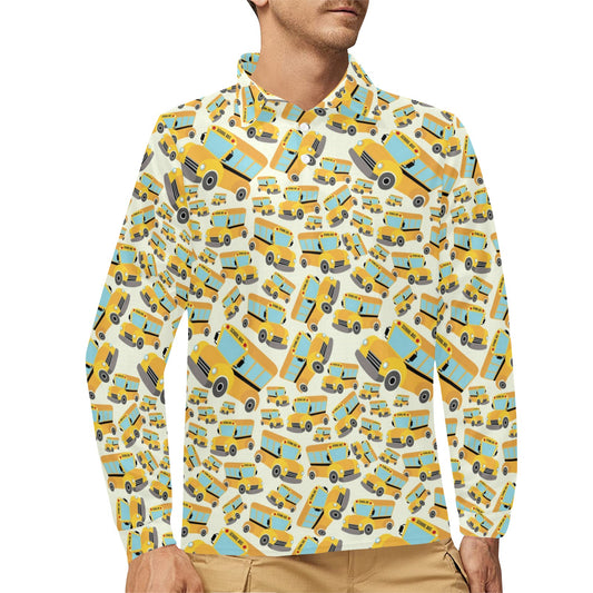 School Bus Print Design LKS301 Long Sleeve Polo Shirt For Men's