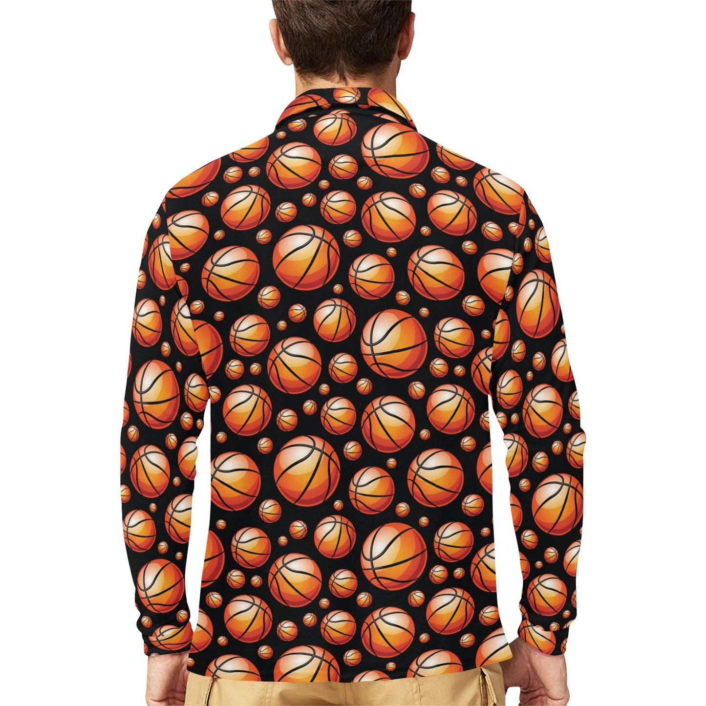 Basketball Black Background Pattern Long Sleeve Polo Shirt For Men's