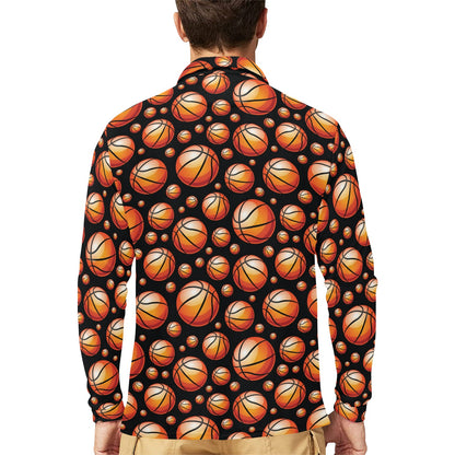 Basketball Black Background Pattern Long Sleeve Polo Shirt For Men's