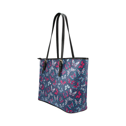 Butterfly Red Deep Blue Print Pattern Leather Tote Bag