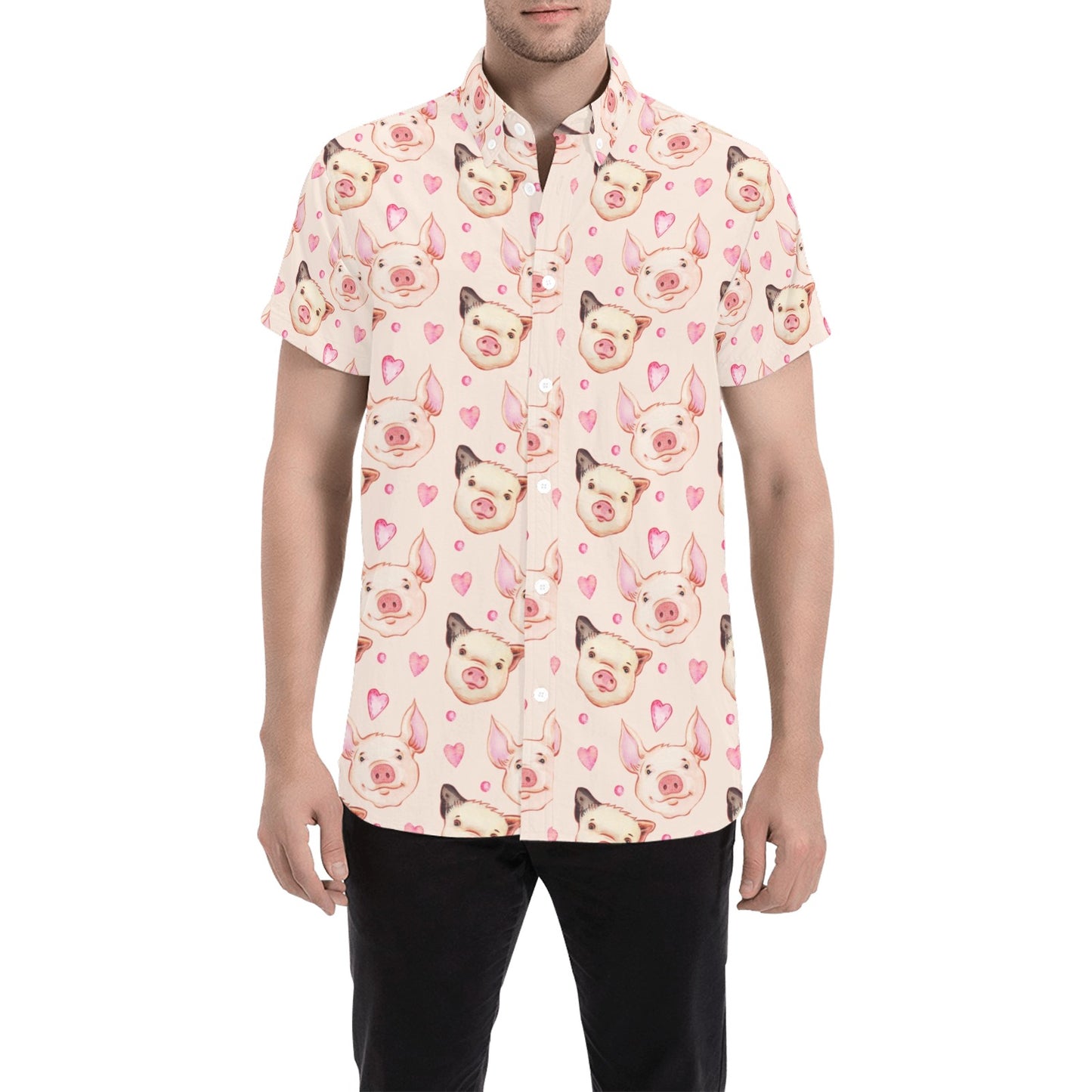 Pig Print Design LKS406 Men Short Sleeve Button Up Shirt