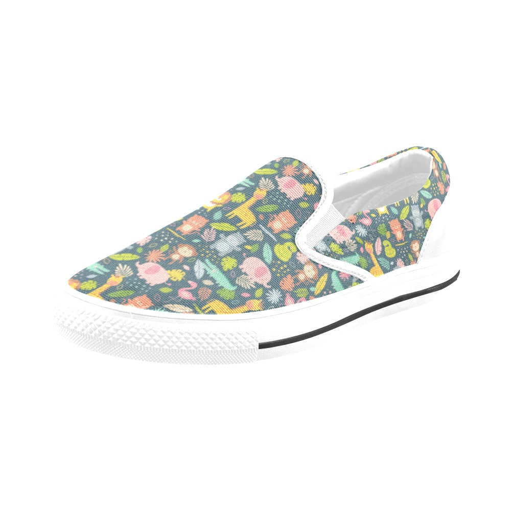 Safari Animal Cartoon Print Design LKS305 White Slip Ons Canvas Women's Shoes