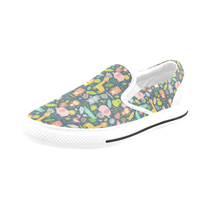 Safari Animal Cartoon Print Design LKS305 White Slip Ons Canvas Women's Shoes