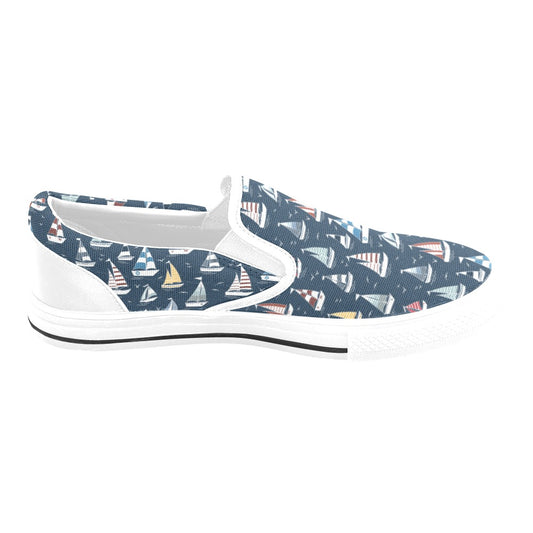 Sailboat Print Design LKS306 White Slip Ons Canvas Women's Shoes