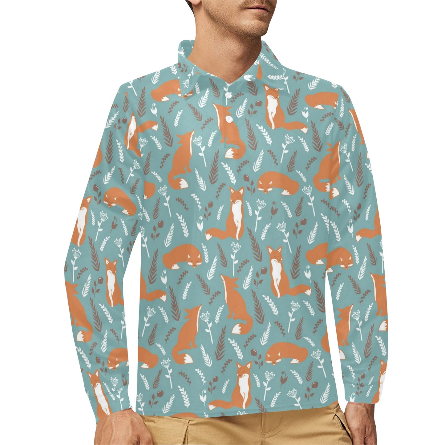 Fox Forest Print Pattern Long Sleeve Polo Shirt For Men's