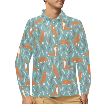 Fox Forest Print Pattern Long Sleeve Polo Shirt For Men's