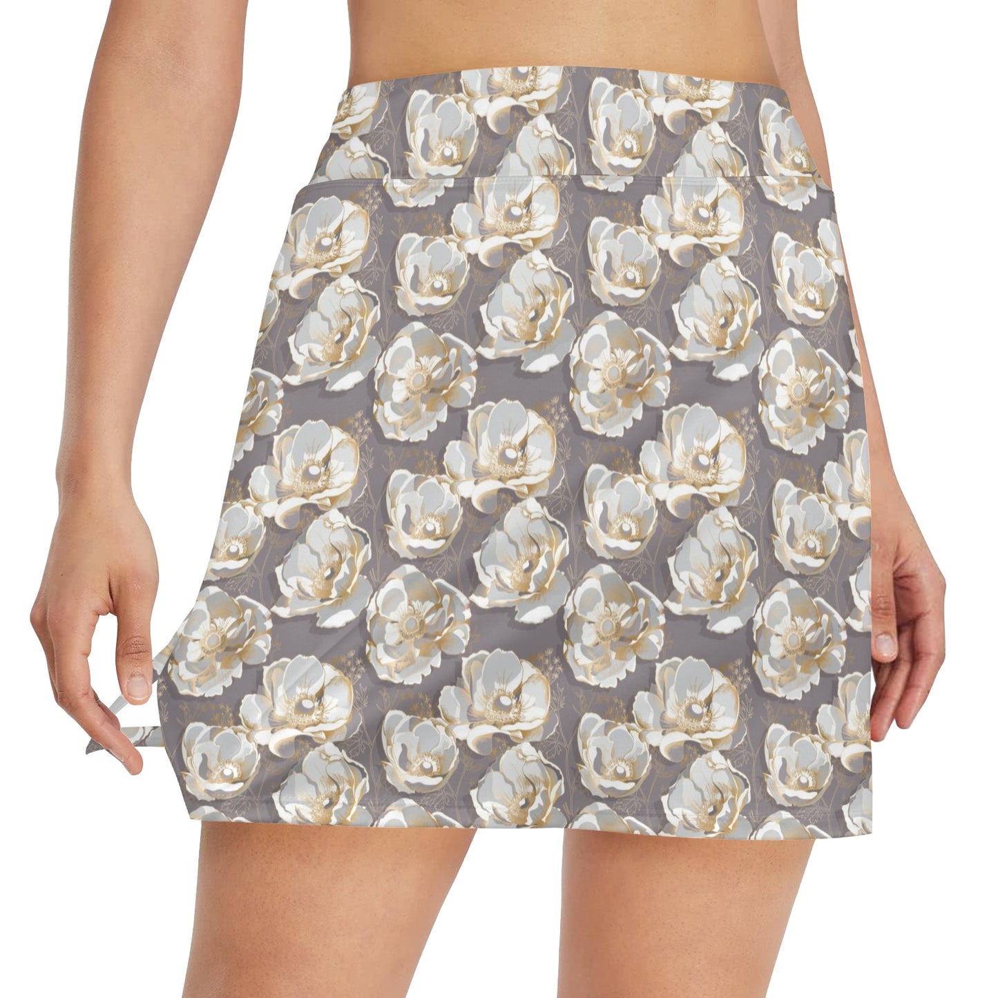 Elegant Grey Flower Print 17" Golf & Pickleball Skort with Pockets