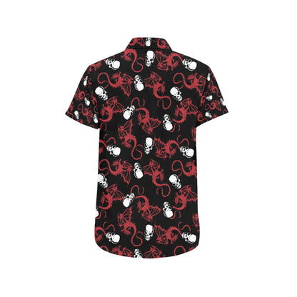 Skull With Red Dragon Print Design LKS304 Men Short Sleeve Button Up Shirt