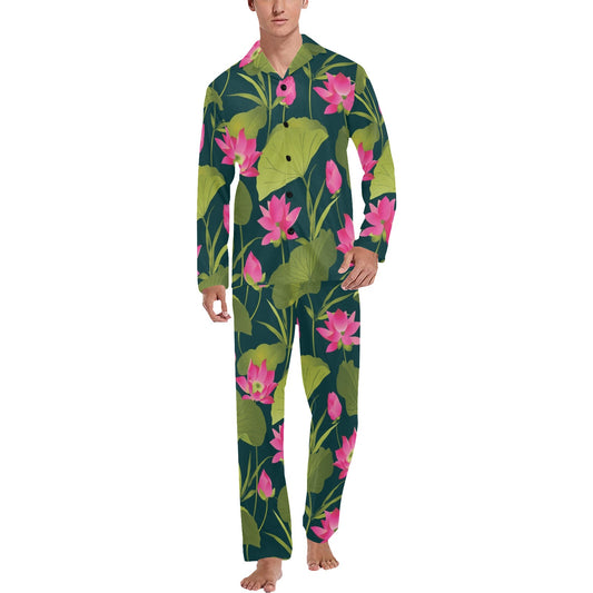 Water Lily Pattern Print Design WL09 Men's Long Pajama Set