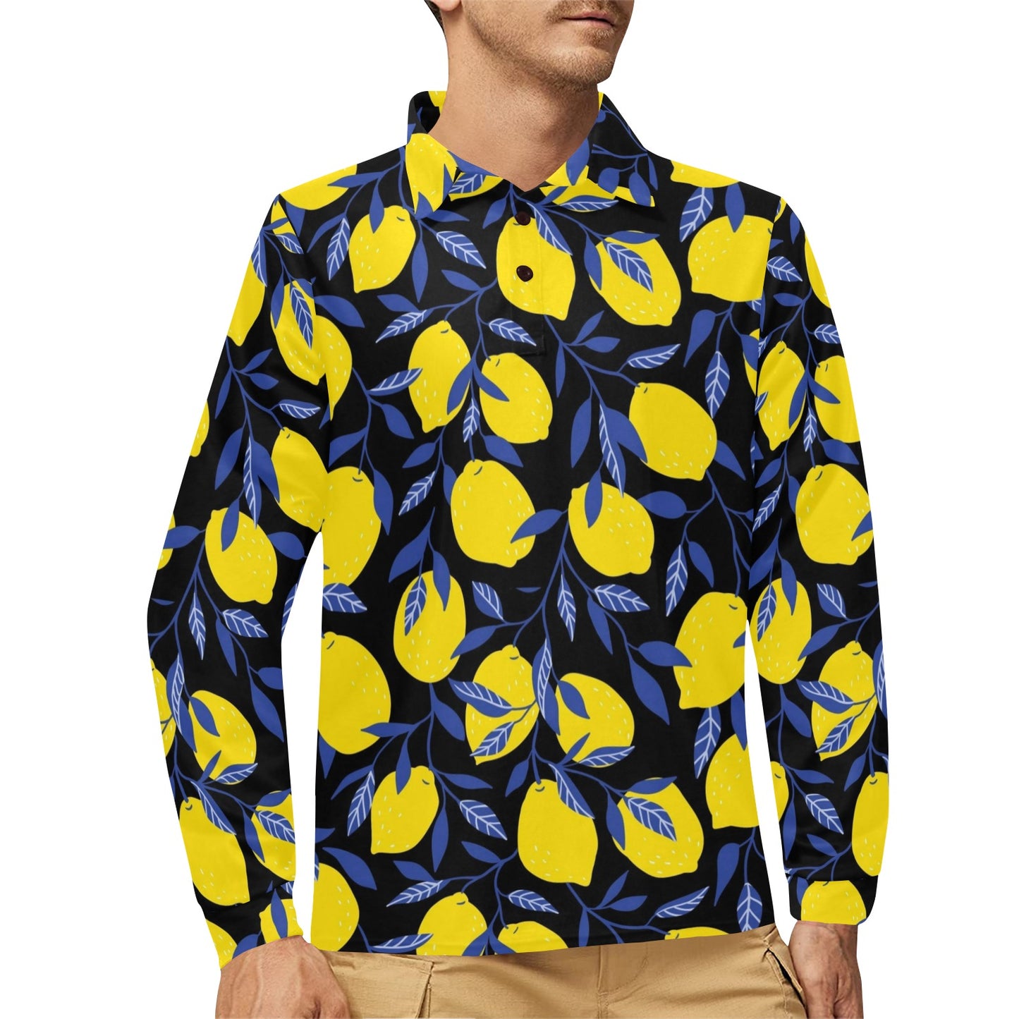 Lemon Pattern Print Design LM01 Long Sleeve Polo Shirt For Men's