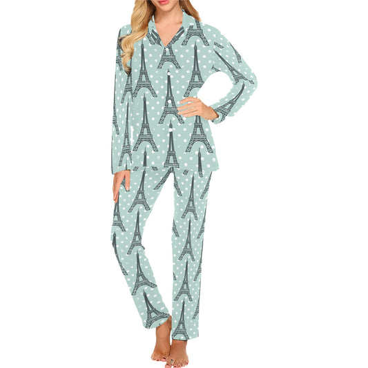 Eiffel Tower Polka Dot Print Women's Long Pajama Set