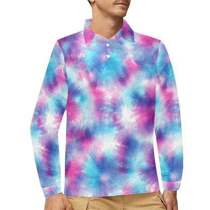 Tie Dye Blue Pink Long Sleeve Polo Shirt For Men's