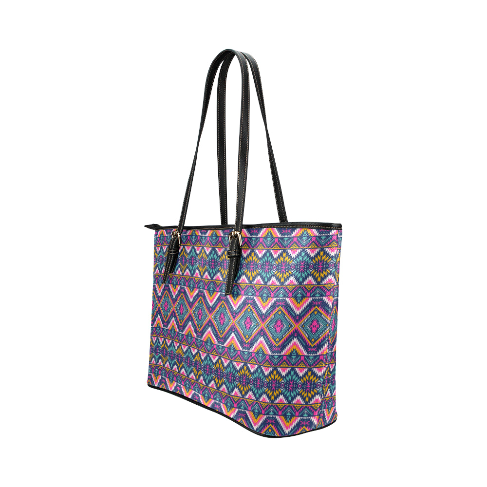 Indian Navajo Pink Themed Design Print Leather Tote Bag