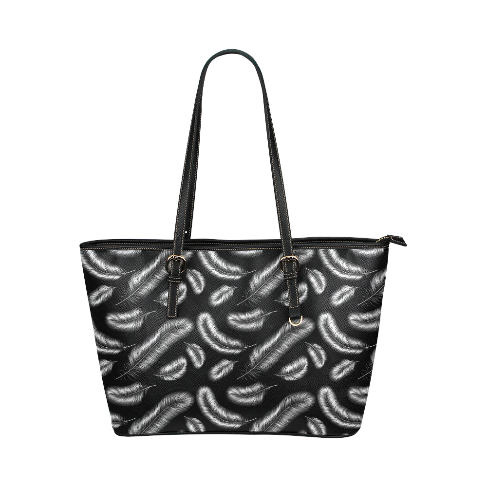 Feather Black White Design Print Leather Tote Bag