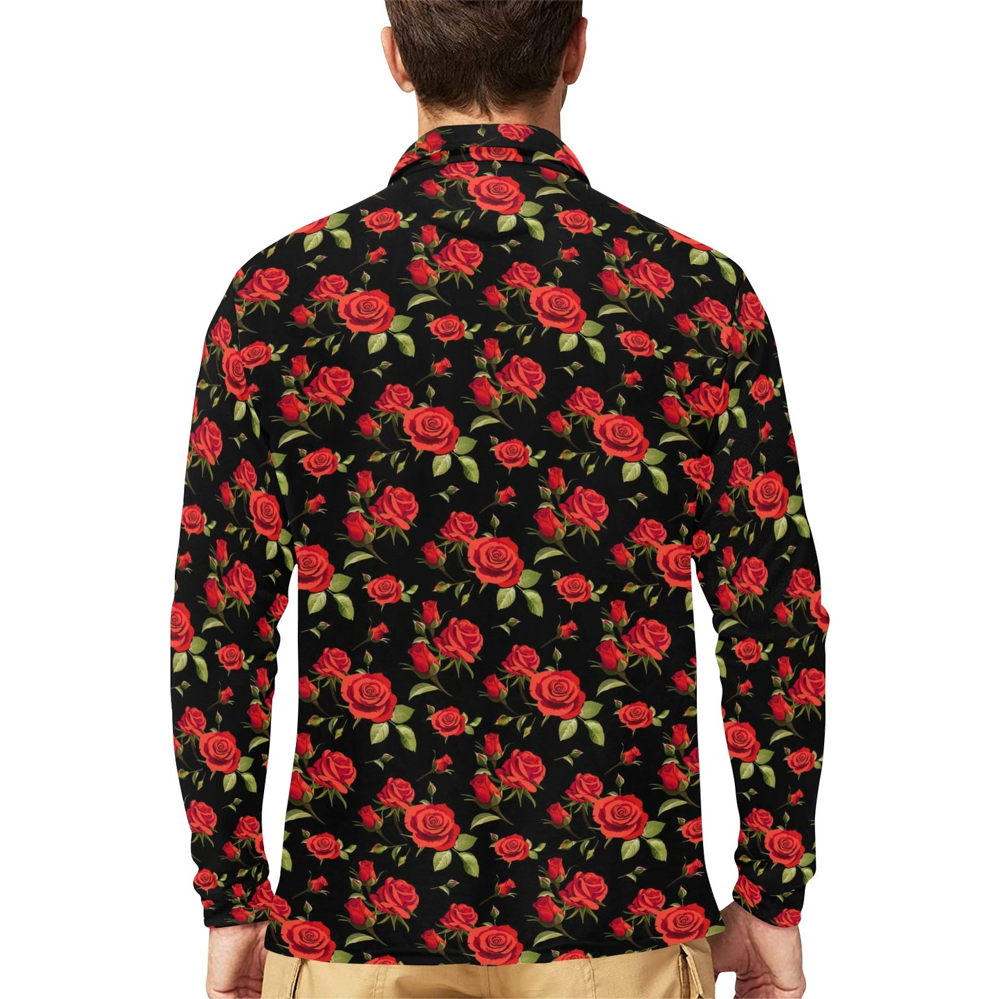 Red Rose Themed Print Long Sleeve Polo Shirt For Men's