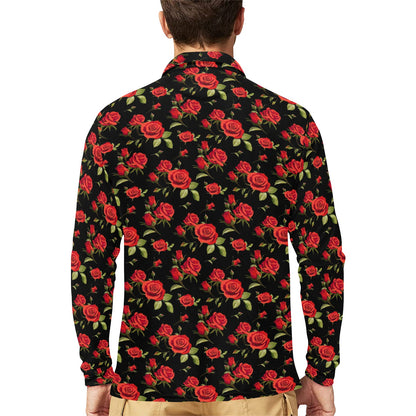Red Rose Themed Print Long Sleeve Polo Shirt For Men's