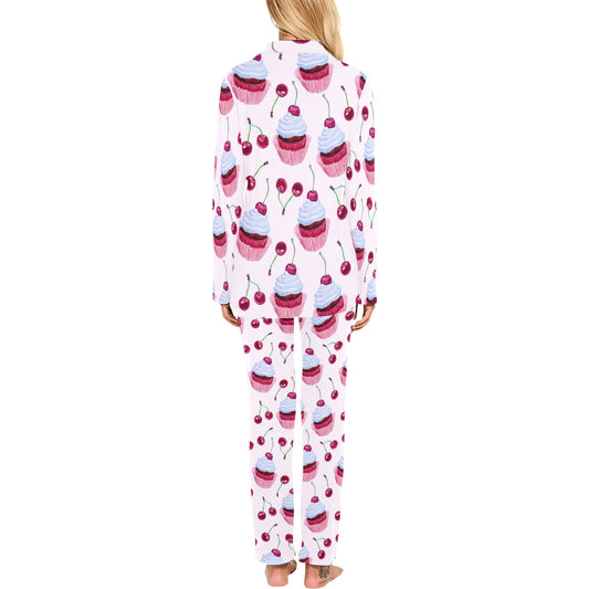 Cherry Cupcake Pink Pattern Women's Long Pajama Set