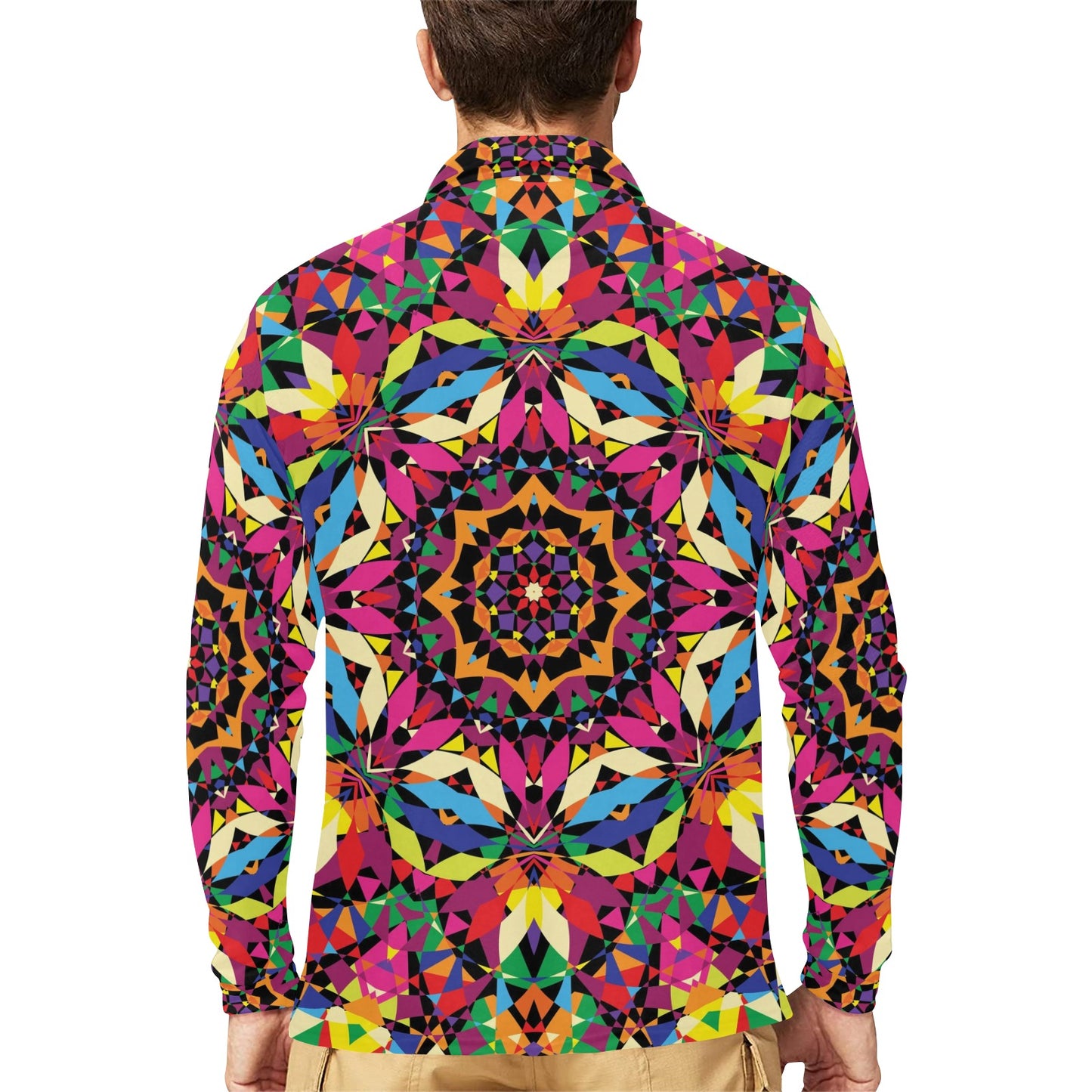 Kaleidoscope Pattern Print Design 02 Long Sleeve Polo Shirt For Men's