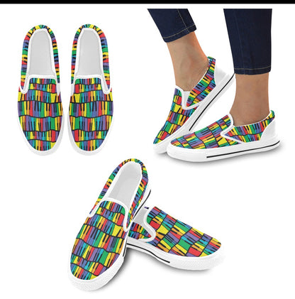 Piano Print Design LKS402 White Slip Ons Canvas Women's Shoes
