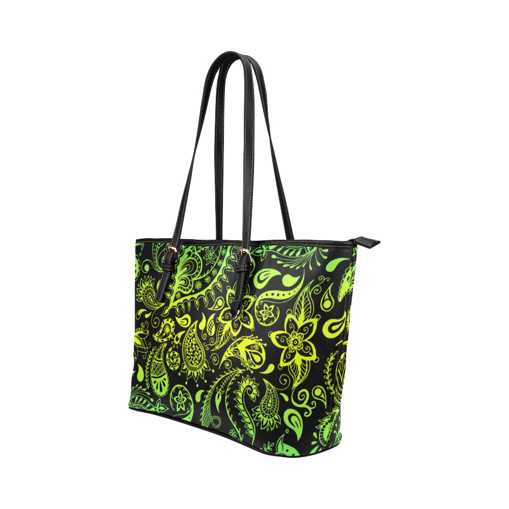 Paisley Green Design Print Leather Tote Bag