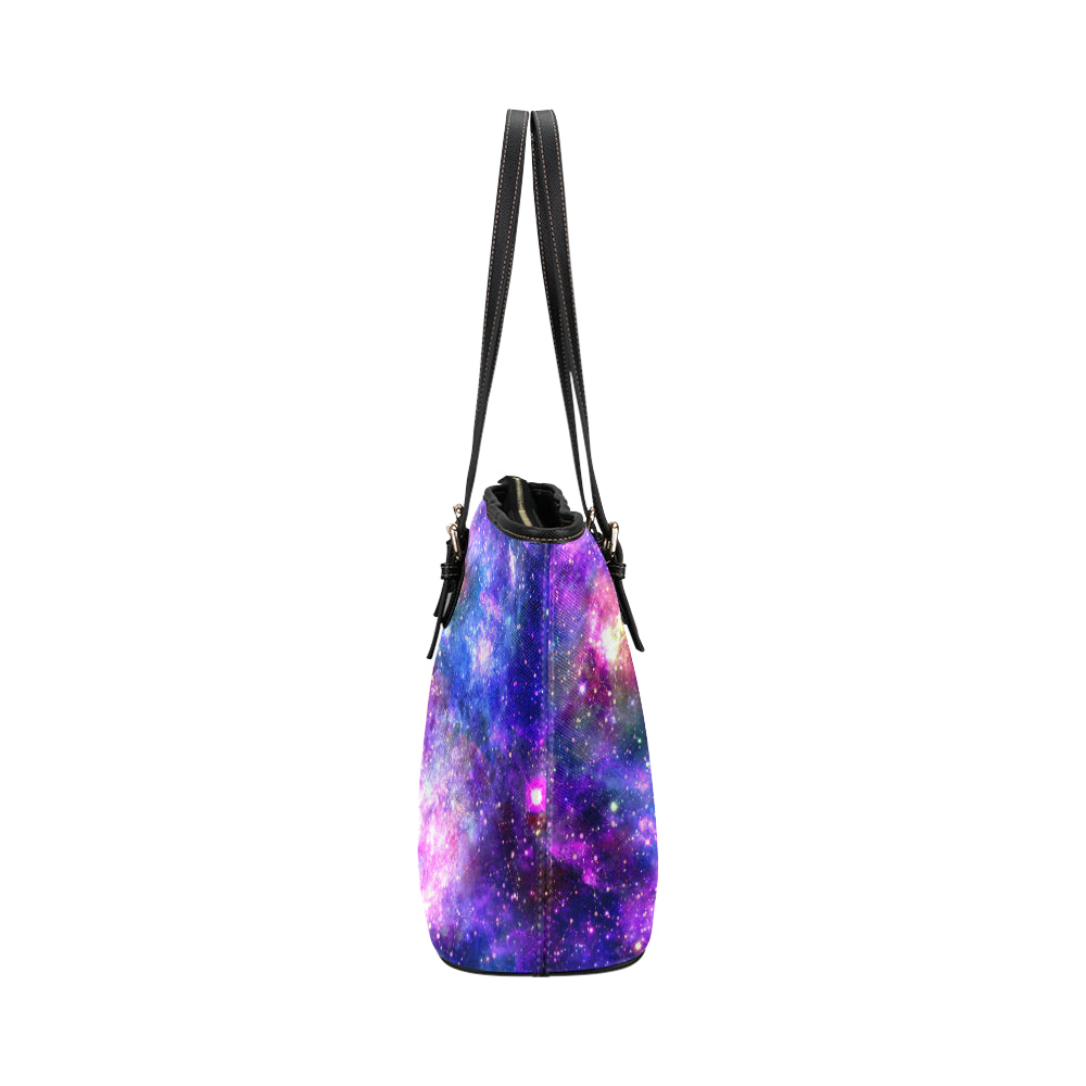 Galaxy Night Stardust Space Print Leather Tote Bag