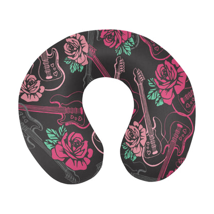 Bass Guitar Pink Rose Pattern Print Design 01 U-Shaped Travel Neck Pillow
