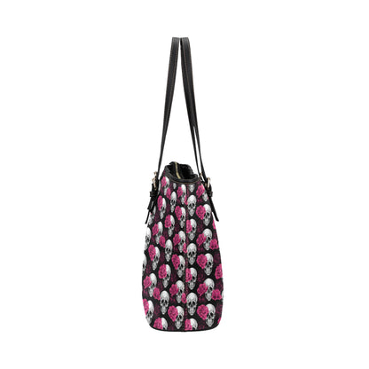 Pink Rose Skull Themed Print Leather Tote Bag