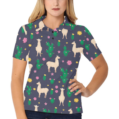 Llama Cactus Pattern Print Design 012 Women's Polo Shirt