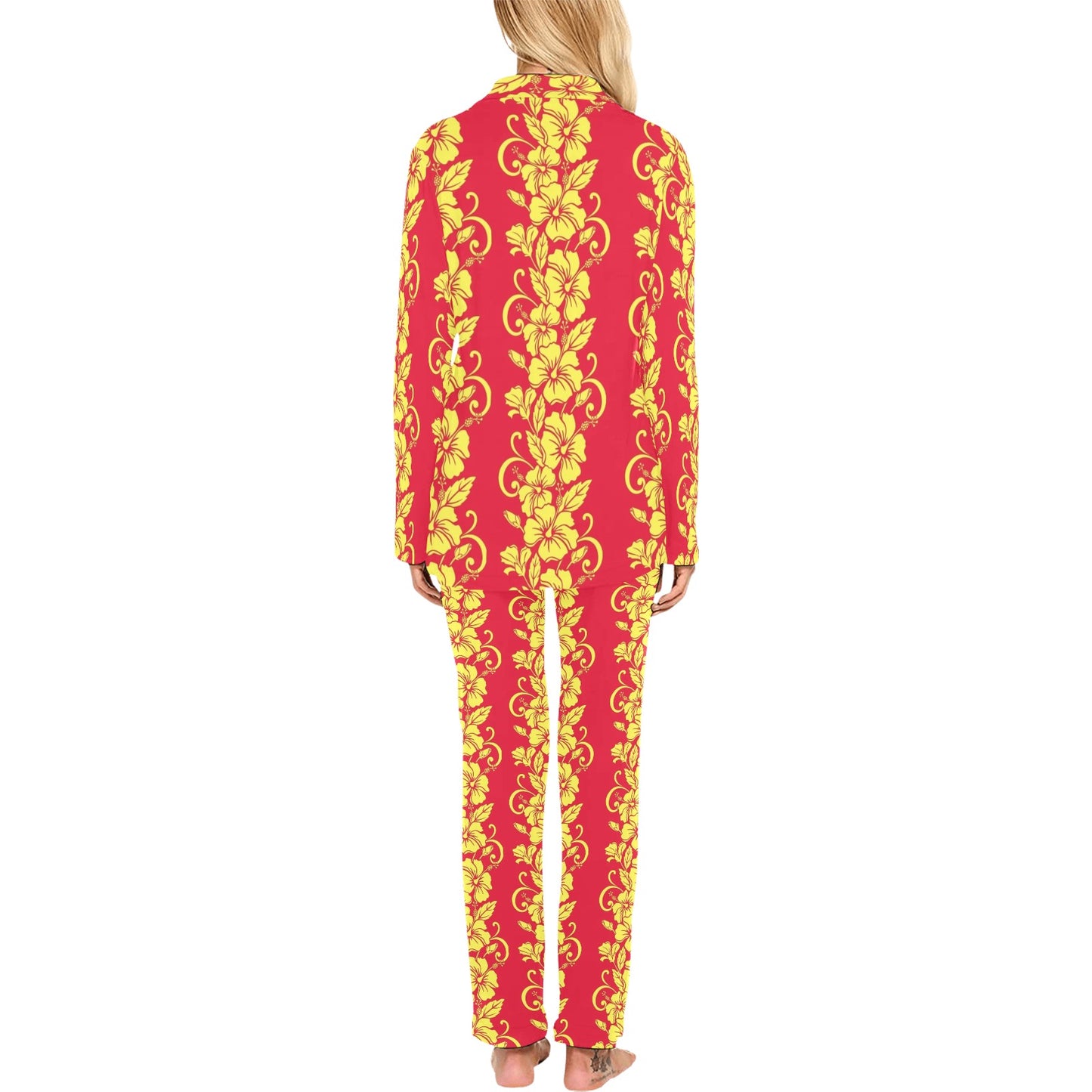 Orange Hibiscus Pattern Print Design HB018 Women's Long Pajama Set