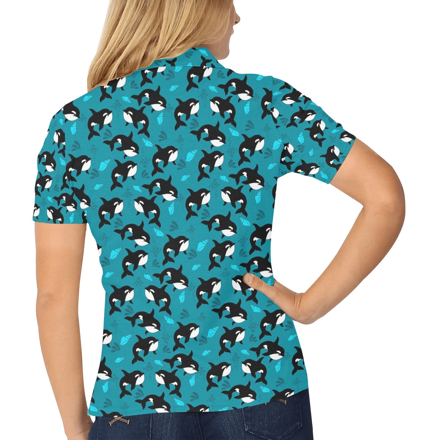Whale Sea Design Themed Print Women's Polo Shirt
