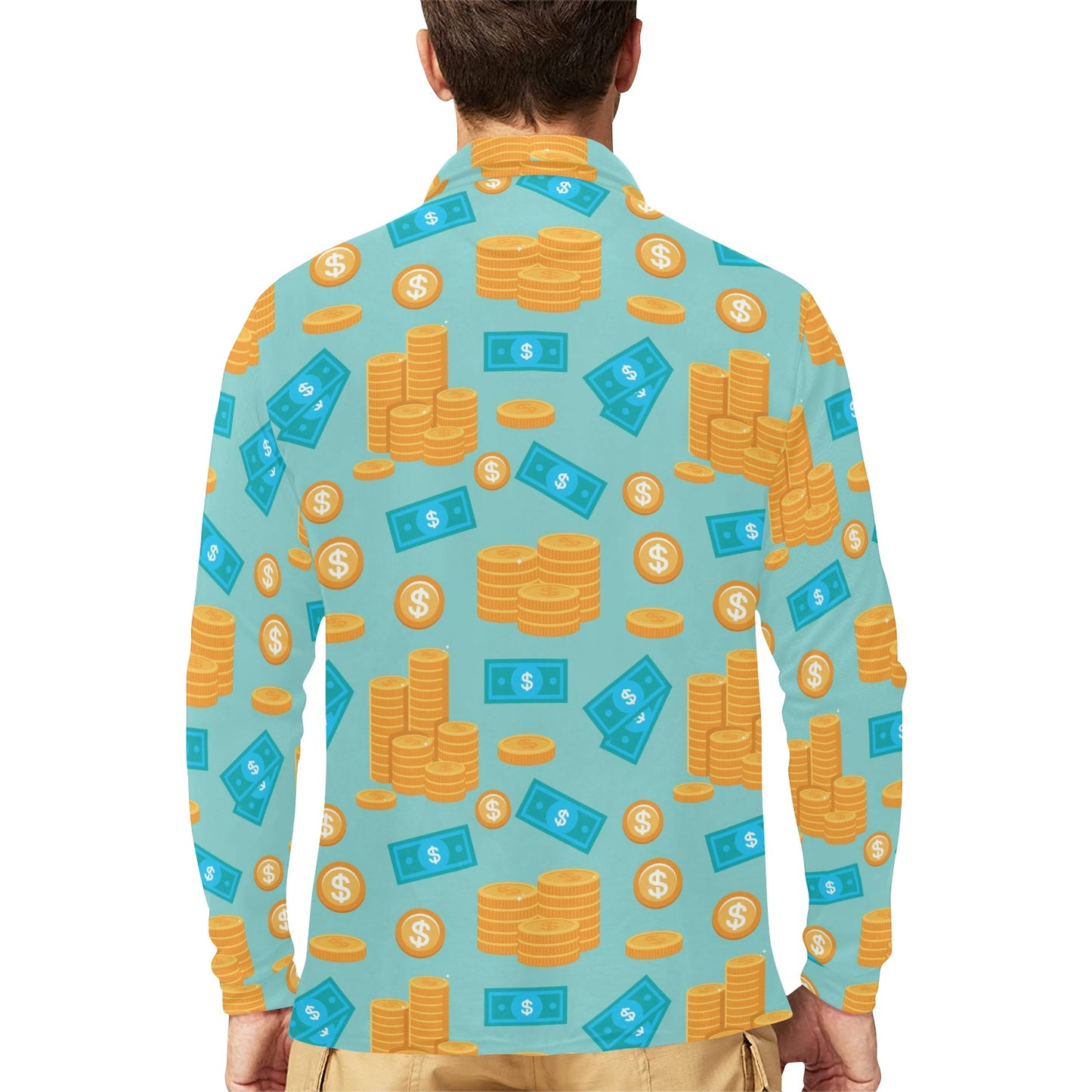 Money Pattern Print Design 03 Long Sleeve Polo Shirt For Men's