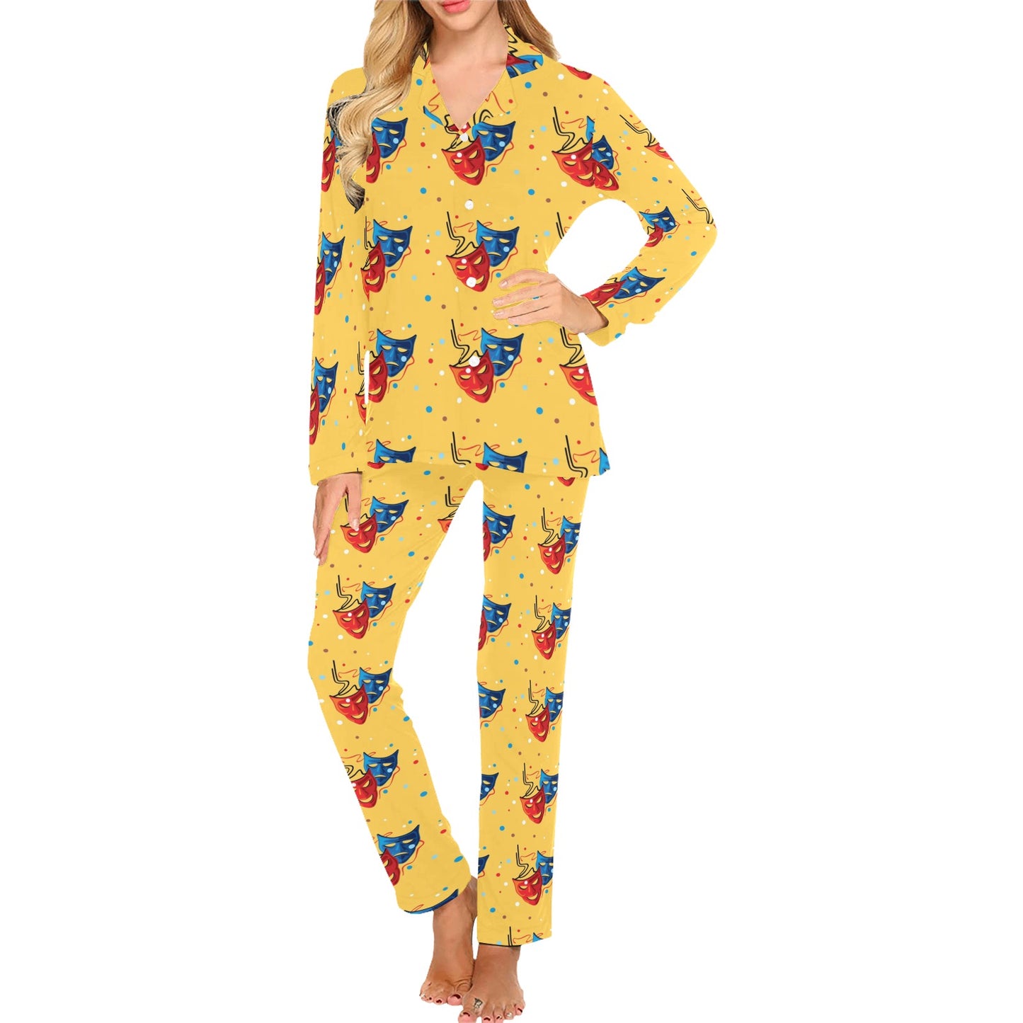Acting Mask Pattern Print Design 02 Women's Long Pajama Set