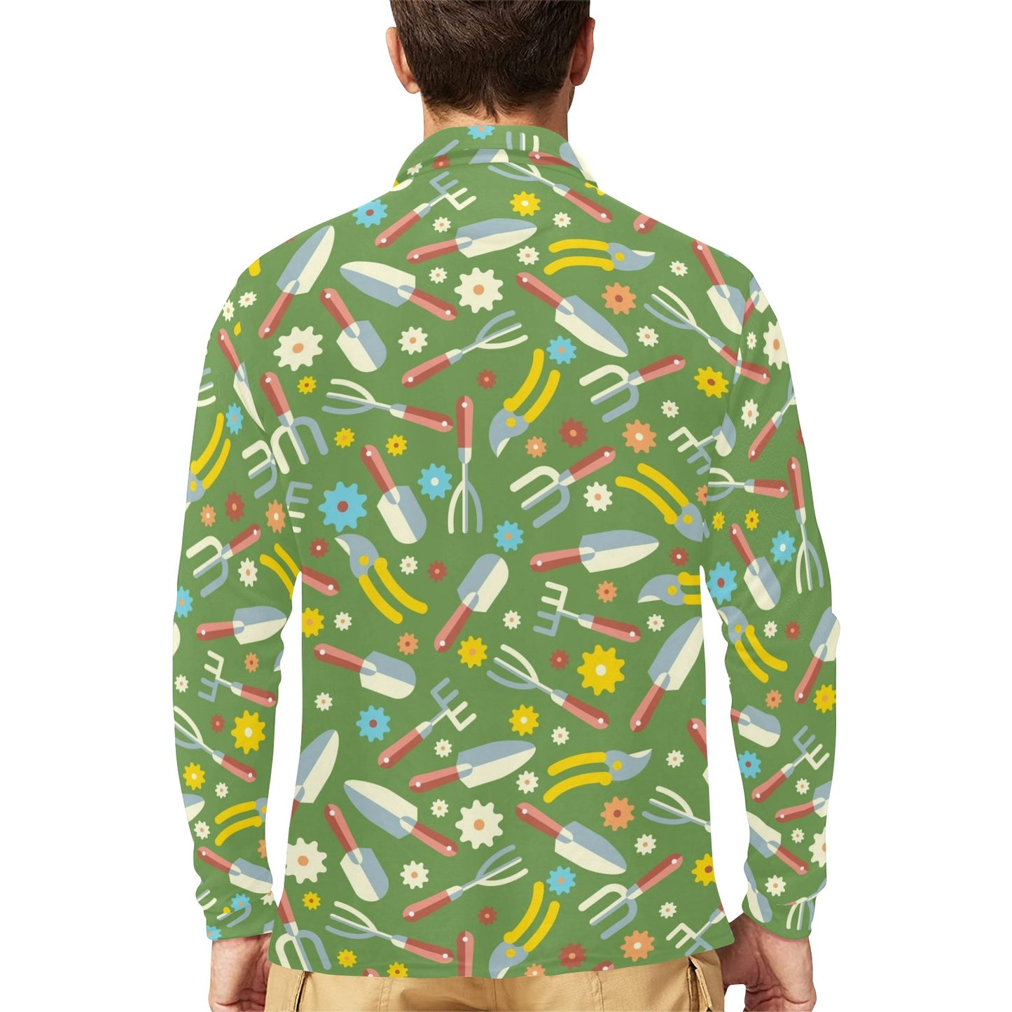 Gardening Pattern Print Design G06 Long Sleeve Polo Shirt For Men's