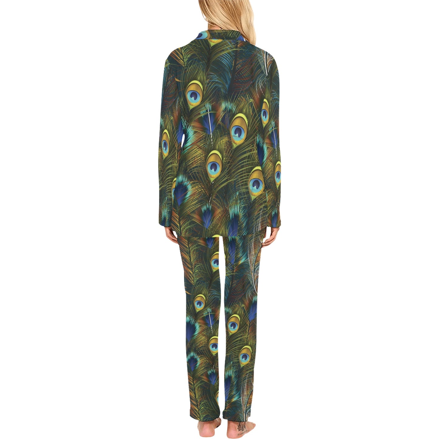 Peacock Feather Pattern Print Design A03 Women's Long Pajama Set