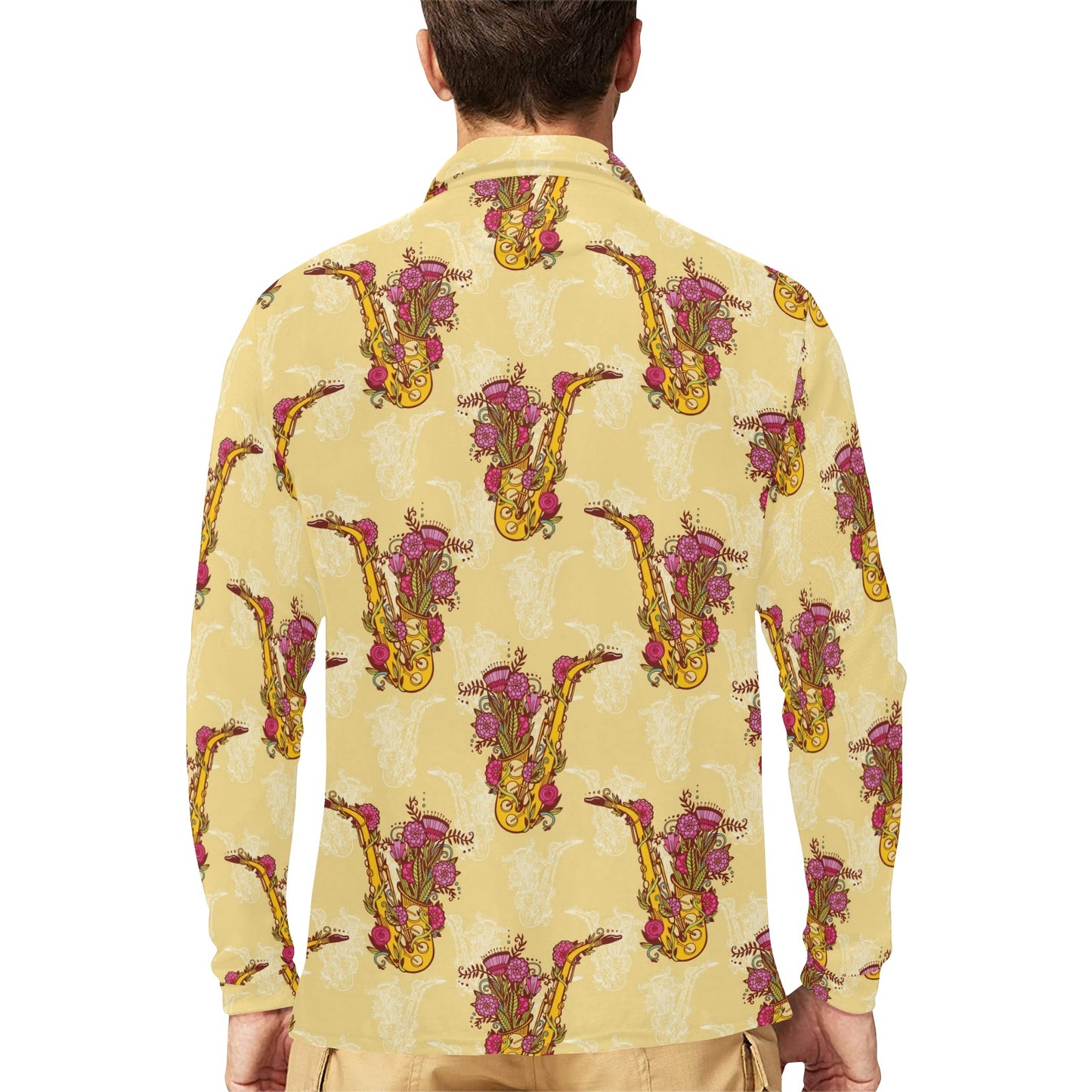 Saxophone Pattern Print Design 04 Long Sleeve Polo Shirt For Men's