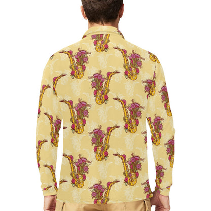 Saxophone Pattern Print Design 04 Long Sleeve Polo Shirt For Men's