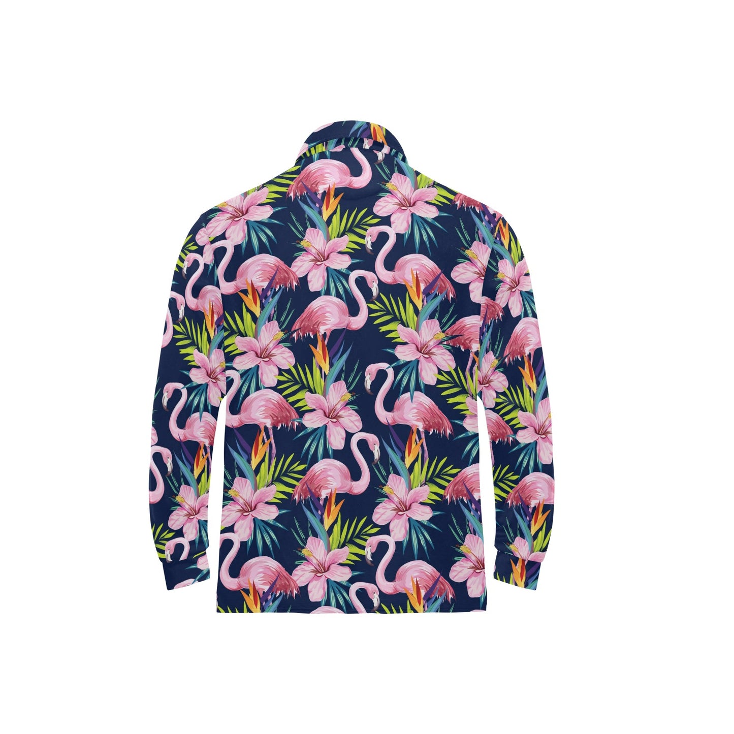 Flamingo Hibiscus Print Long Sleeve Polo Shirt For Men's