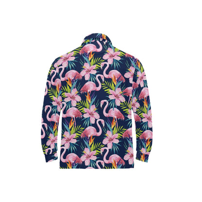 Flamingo Hibiscus Print Long Sleeve Polo Shirt For Men's
