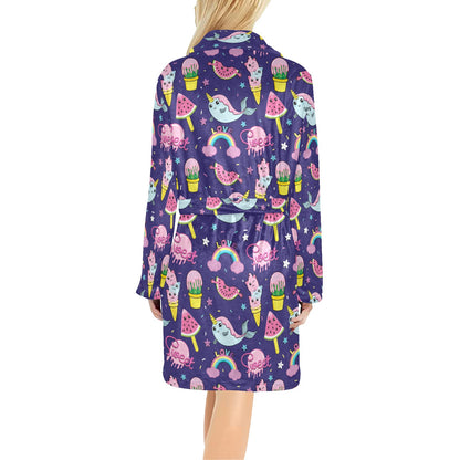 Narwhal Cute Pattern Print Design 02 Women's Fleece Robe