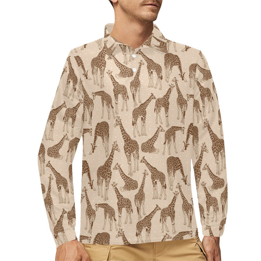Giraffe Pattern Design Print Long Sleeve Polo Shirt For Men's