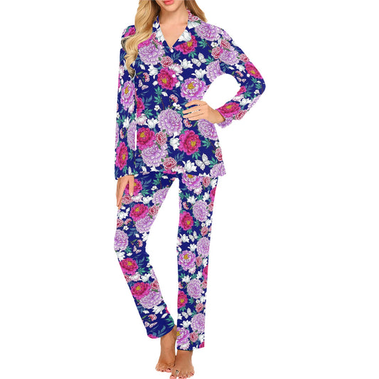 Dahlia Pattern Print Design DH013 Women's Long Pajama Set