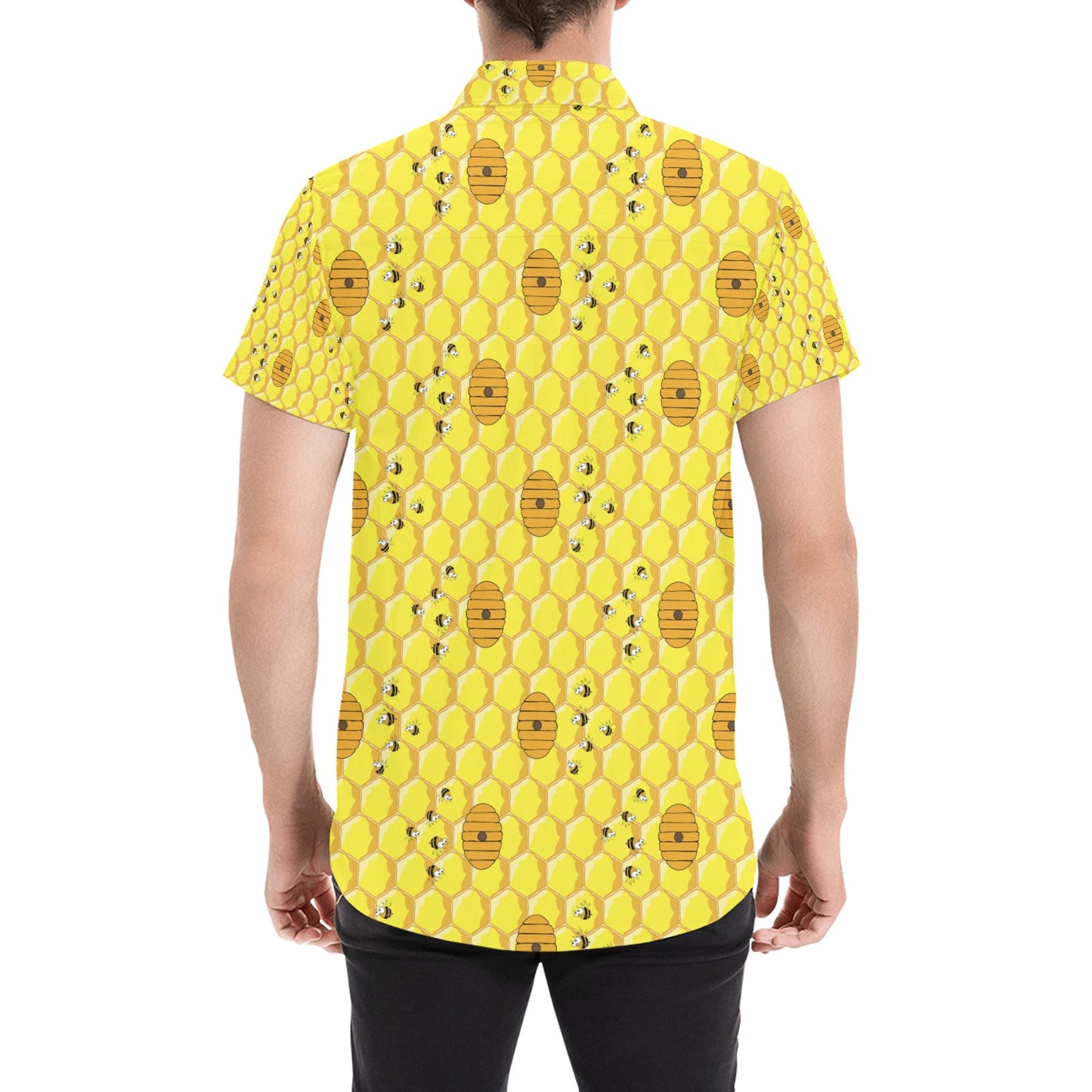 Honey Bee Print Design LKS303 Men Short Sleeve Button Up Shirt