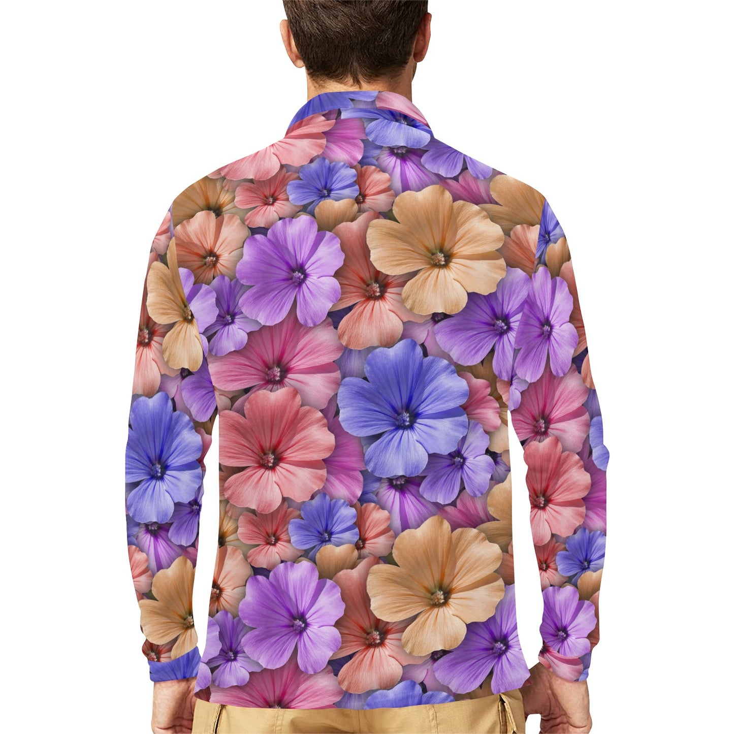 Colorful Geranium Pattern Long Sleeve Polo Shirt For Men's
