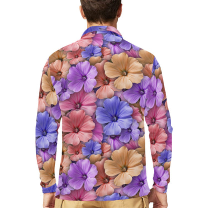 Colorful Geranium Pattern Long Sleeve Polo Shirt For Men's