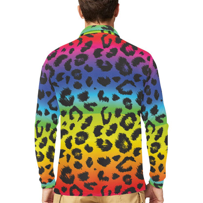Rainbow Leopard Pattern Print Design A01 Long Sleeve Polo Shirt For Men's