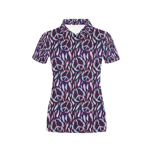 Peace Sign Feather Design Print Women's Polo Shirt