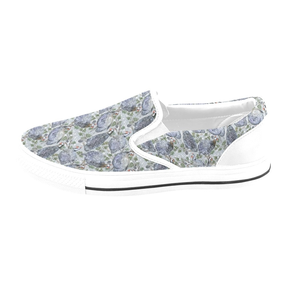 Guinea Fowl Print Design LKS402 White Slip Ons Canvas Women's Shoes