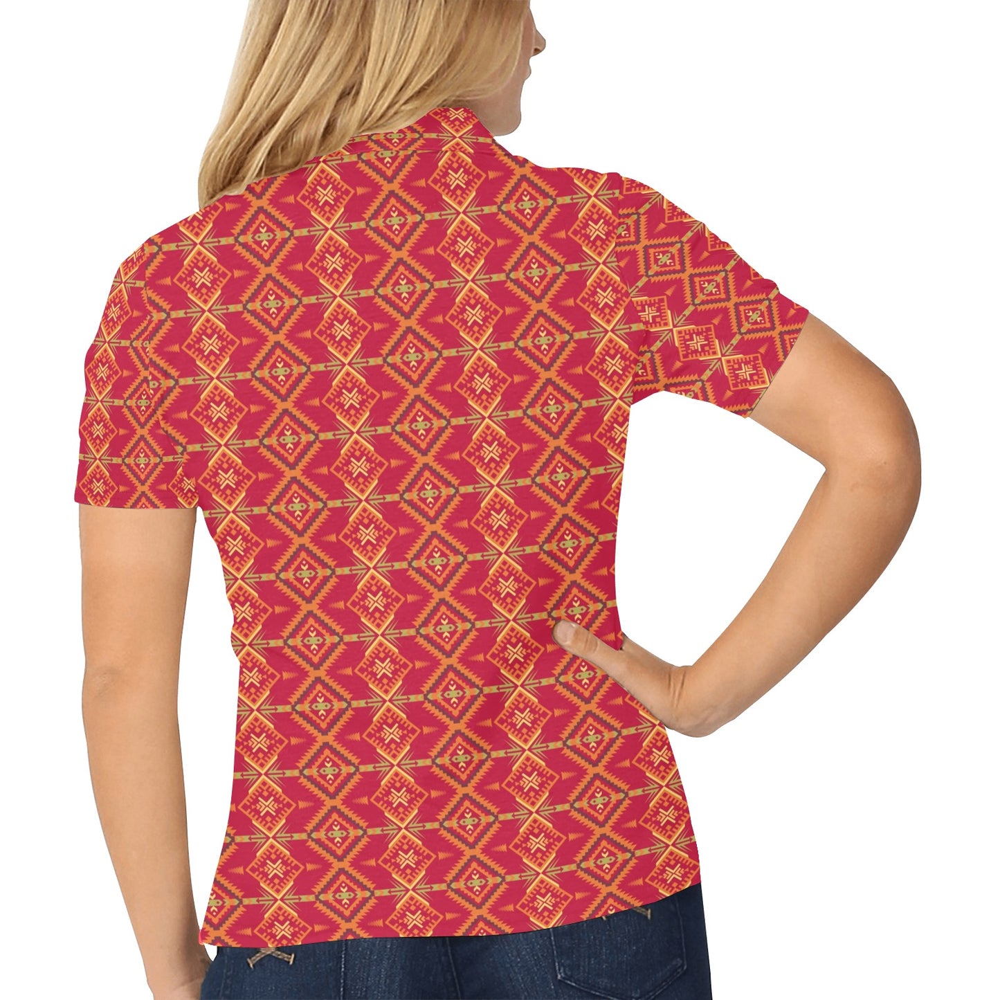 Southwest Aztec Design Themed Print Women's Polo Shirt
